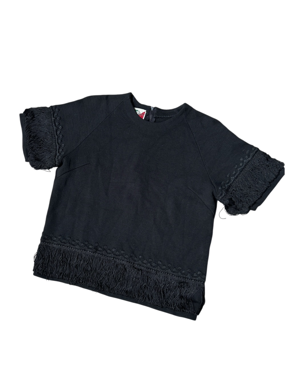 Vintage Knits by Thayer Black 100% Wool Fringe Sweater Mod 60s 70s